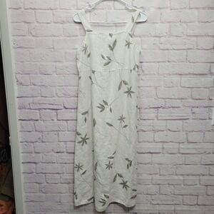 VTG Positive Attitude Linen Sundress Size P White Green Leaves Travel Resortwear